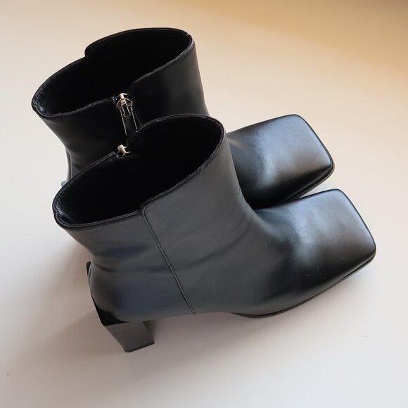 Black Square Toe Real Leather Block Heel Booties - Picture 10 of 10